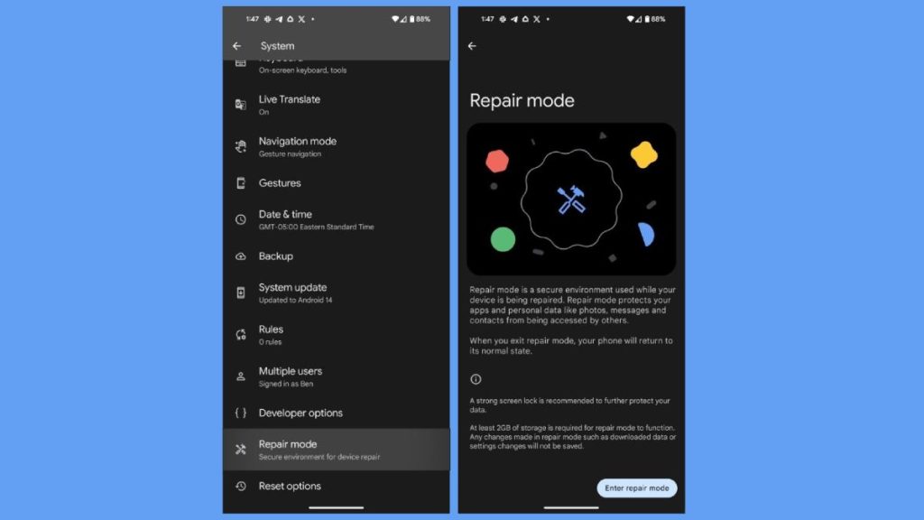 وضع الاصلاح repair mode في هواتف جوجل بكسل pixel