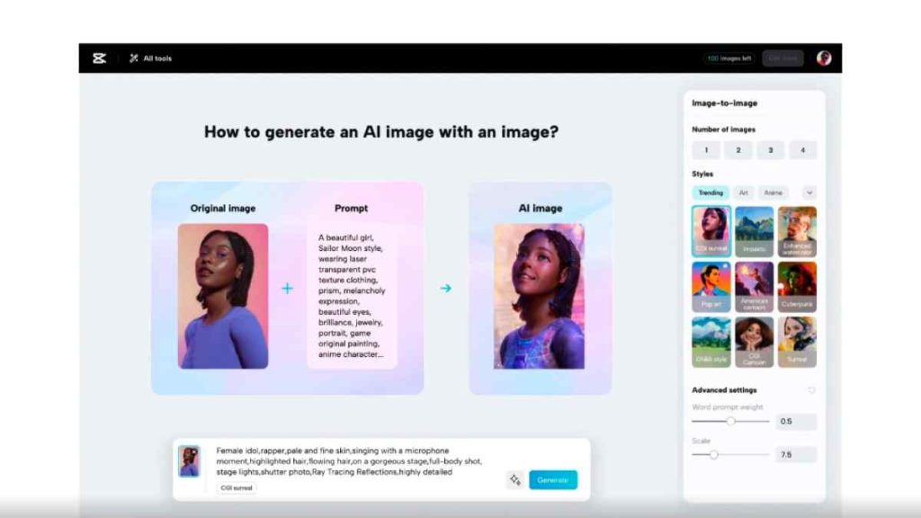 أداة image to image في كاب كت capcut