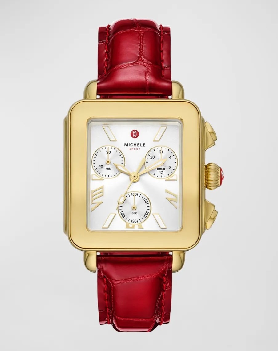 ساعة «Deco Sport 18K Gold-Plated Ruby Red Leather».. من «Michele»