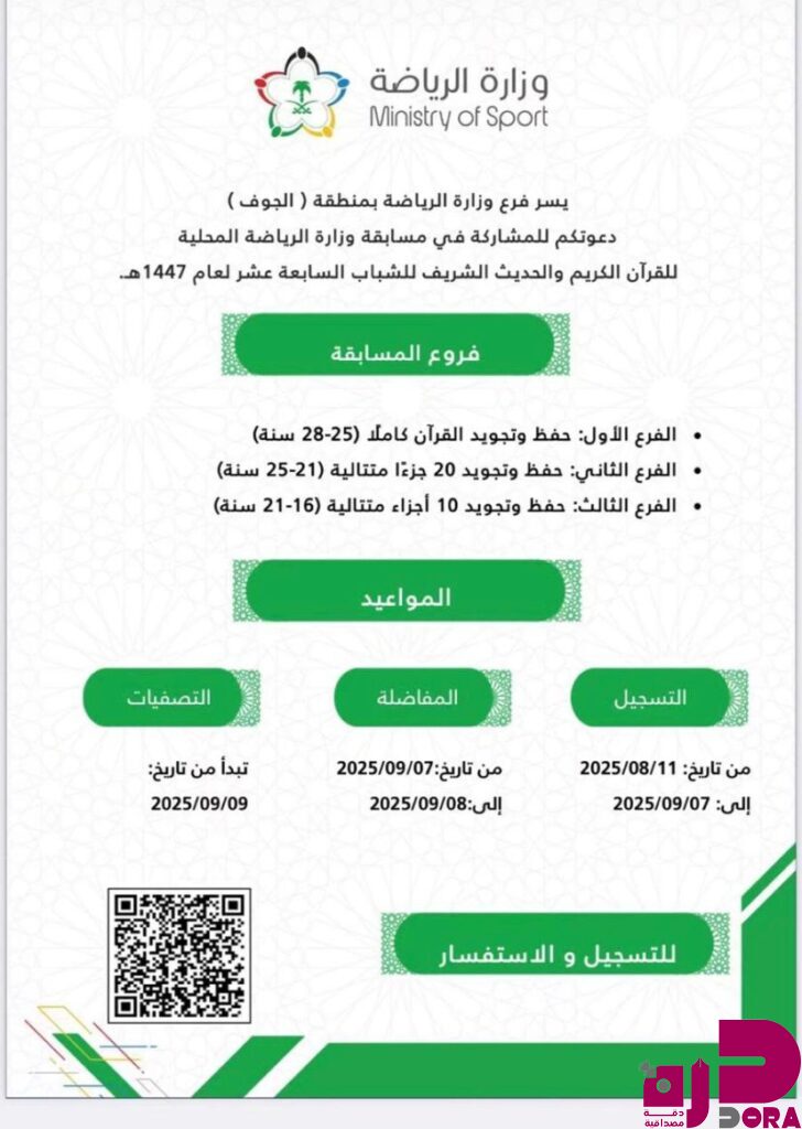 فرع الرياضة بالجوف يعلن عن فتح باب التسجيل في مسابقة الوزارة المحلية للقرآن الكريم
