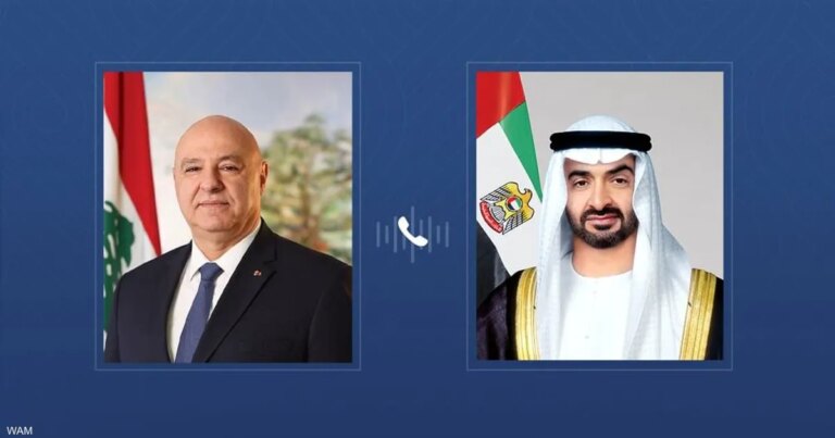 محمد بن زايد يتلقى اتصالاً هاتفياً من الرئيس اللبناني محمد بن زايد يتلقى اتصالاً هاتفياً من الرئيس اللبناني
